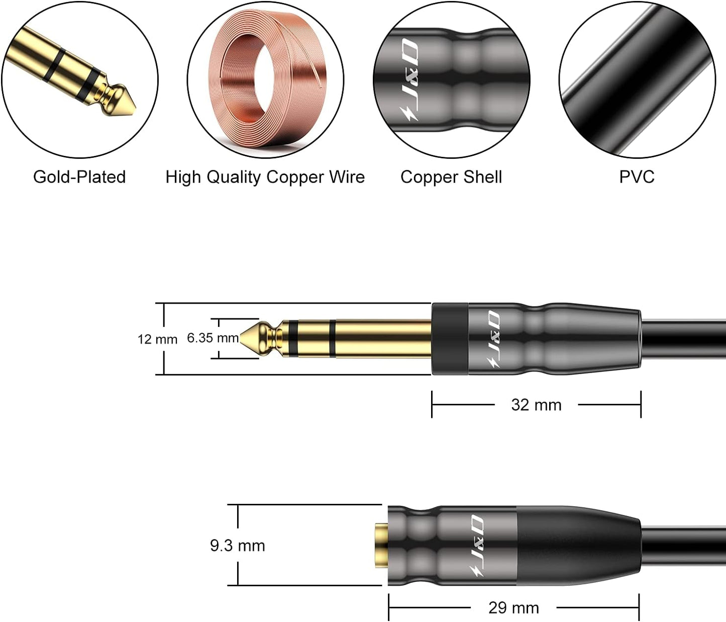 J&D 1/4 inch to 3.5mm Headphone Adapter, Heavy Duty Copper Shell Connecter Joint 3.5mm 1/8 inch Female TRS to 6.35mm Male TRS Stereo Audio Extension Cable, 9 Feet