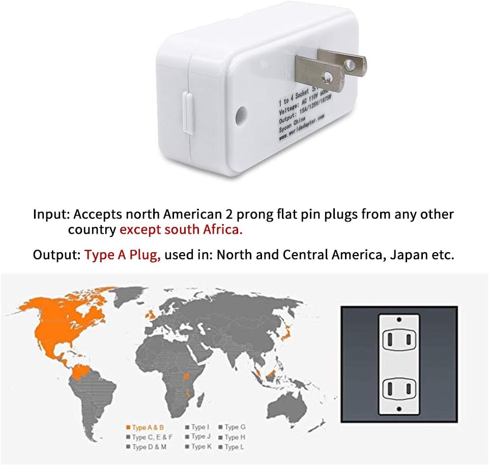 SYCON Adapter Outlet Extender, 2-Prong Mini Wall Plug, Multi Outlet Splitter with 4 Outlets
