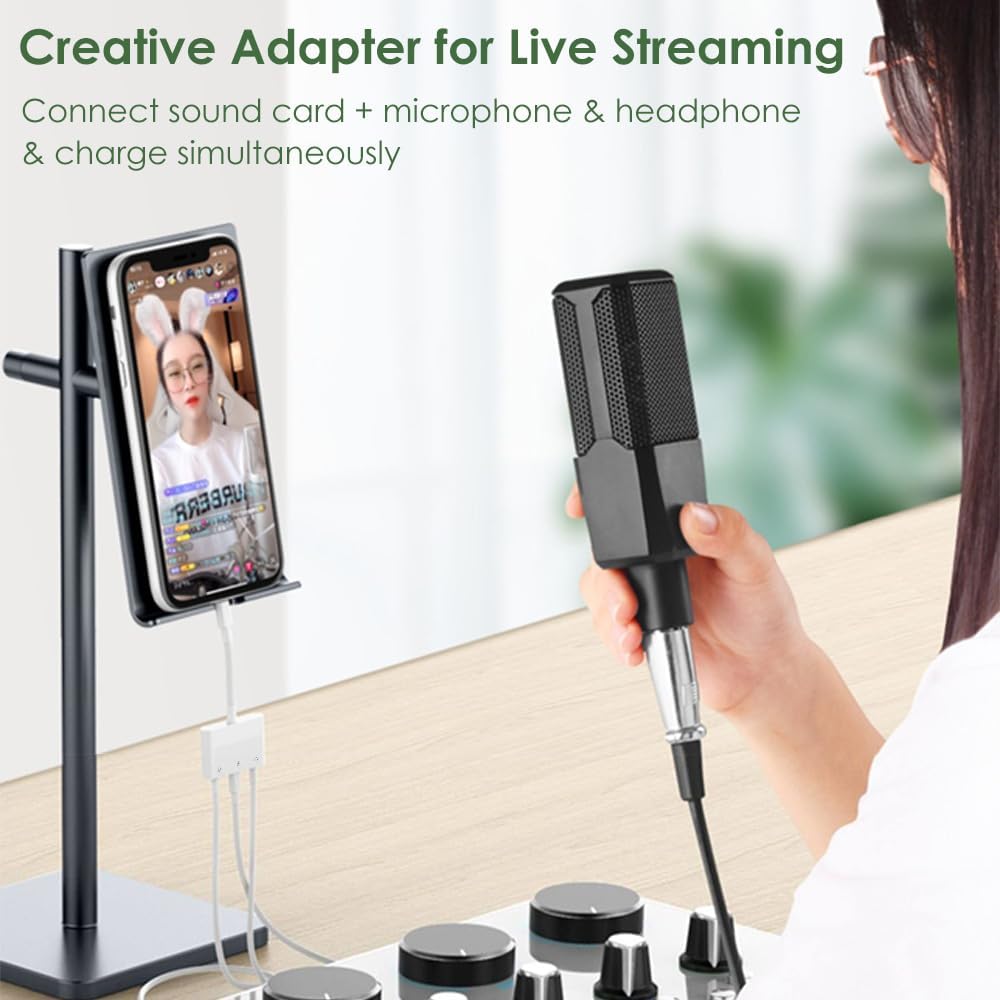 Microphone & 3.5mm Headphone Adapter for iPhone Microphone Adapter for Live-Streaming with Charging Port Lighting to Audio & MIC Adapter Compatible with iPhone/iPad