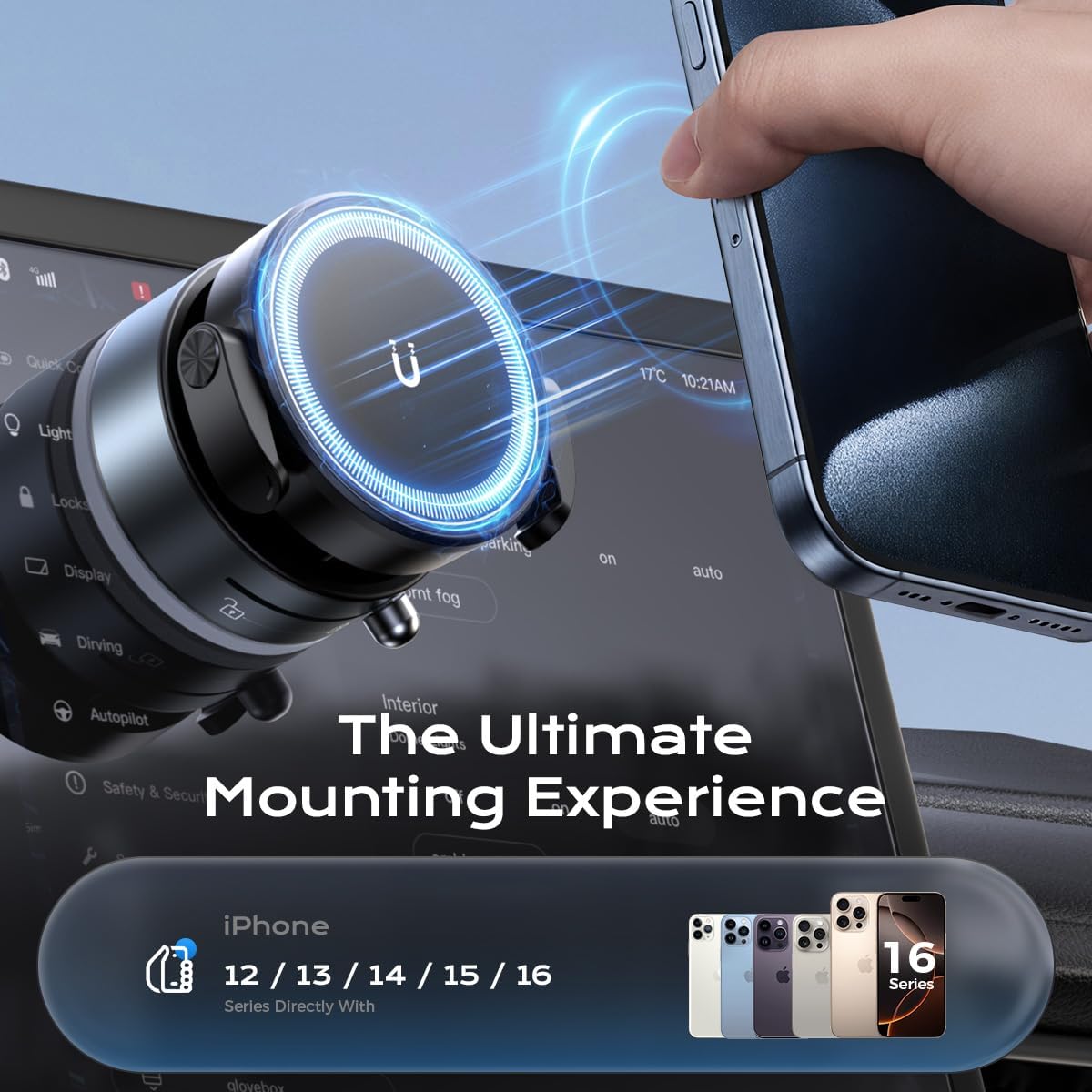 360° Rotation Clip on Car Phone Mount, 2 IN 1 Adjustable Magnetic Car Phone Holder Vacuum Suction Cup Phone Stand Foldable Cellphone Mount with Concealable Ears for All Smartphones