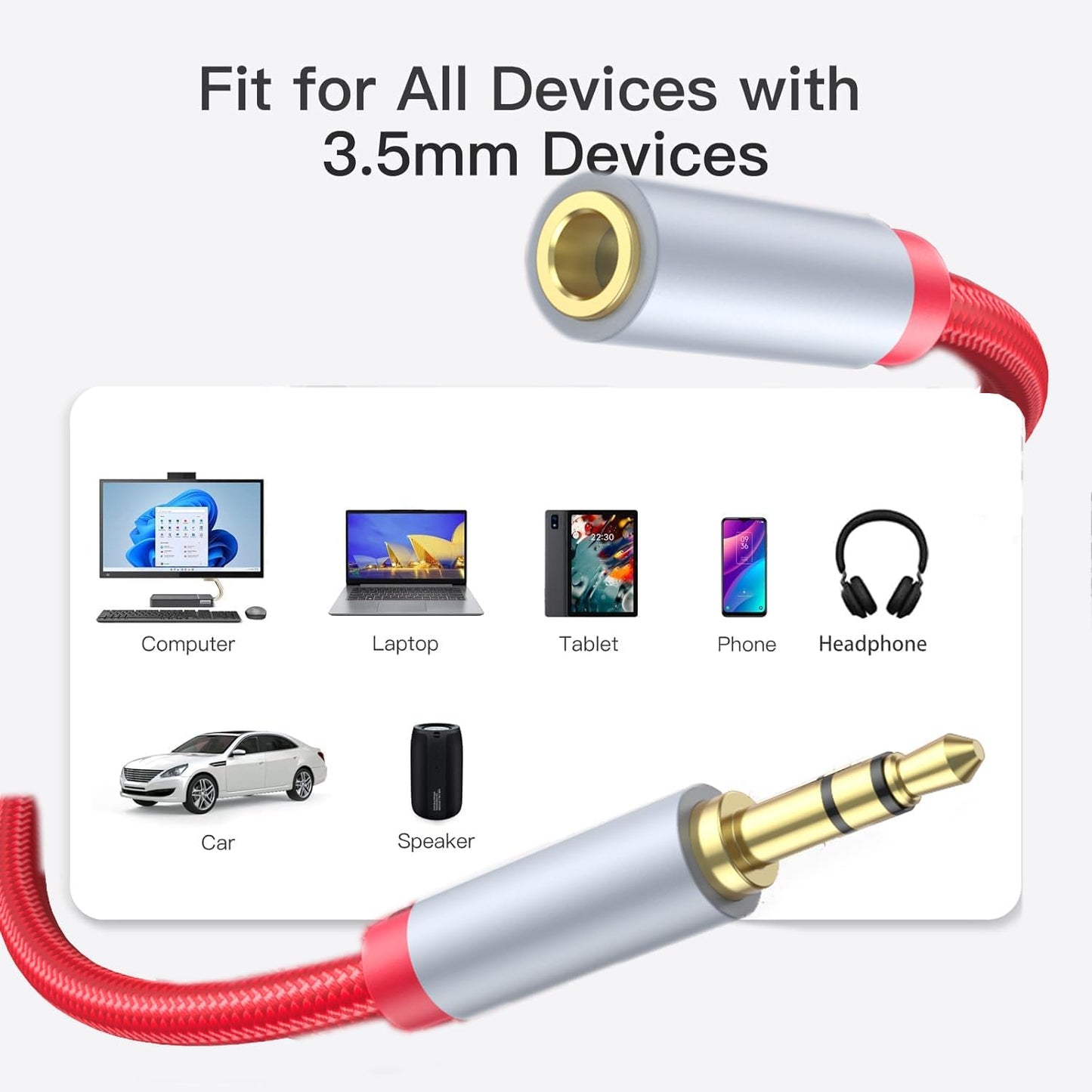 3.5mm Extension Cable 6.6ft - Headphone Extension Cable Nylon Braided Aux Cord Extender for Smartphones, Tablets, Media Players (No Mic Support) -Red