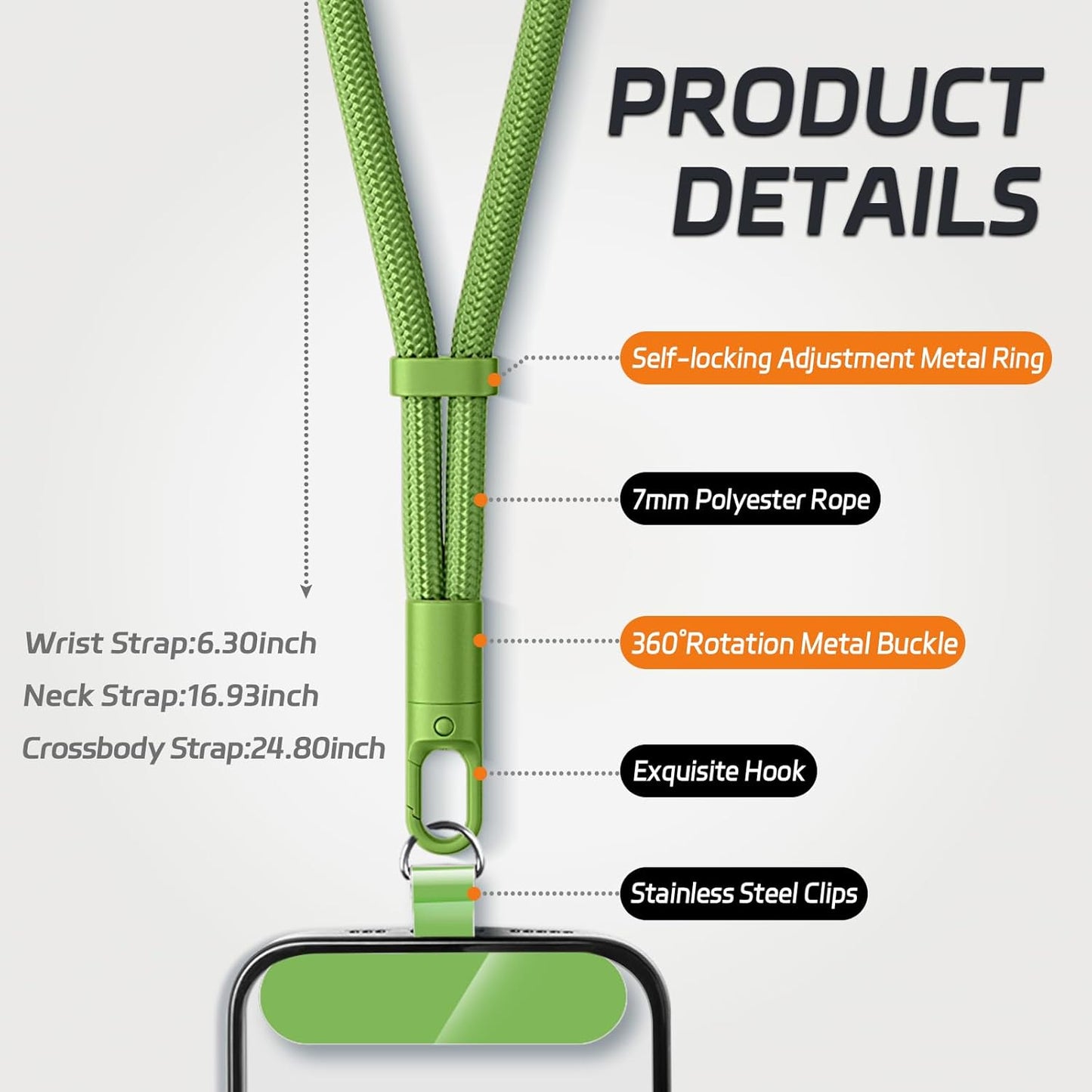 3 Pack Phone Lanyard,1×Phone crossbody strap,1×Phone Neck Strap,1×Wrist Strap,3×Tether Tabs,Universal Cell Phone Multifuctional Patch Polyester Lanyards(Green)