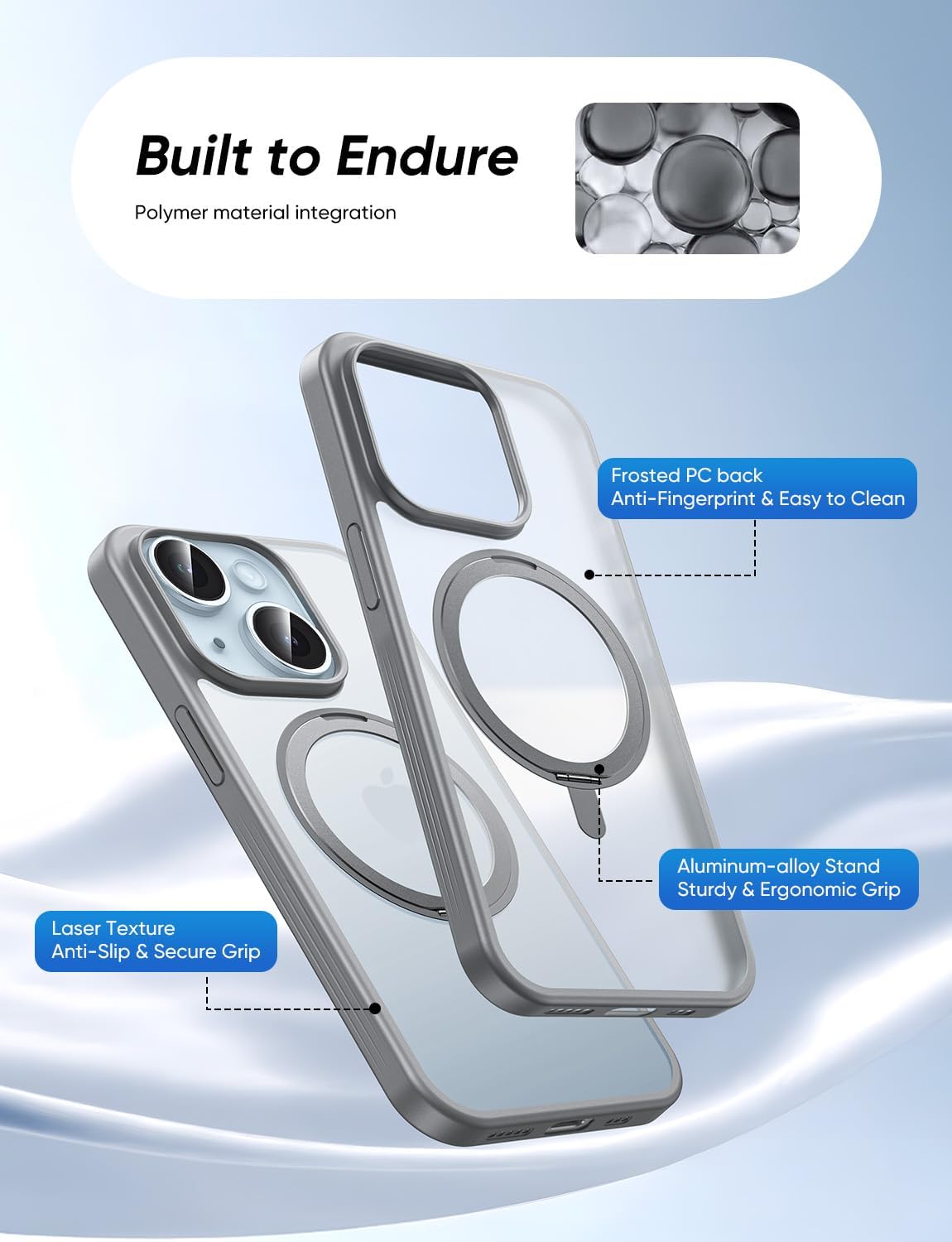 MAGIC JOHN 360° Rotatable Magnetic Invisible Stand for iPhone 15 Case [Anti-Slip Grip] [Compatible with MagSafe] 16FT Shockproof for iPhone 15 Case with Kickstand, Black