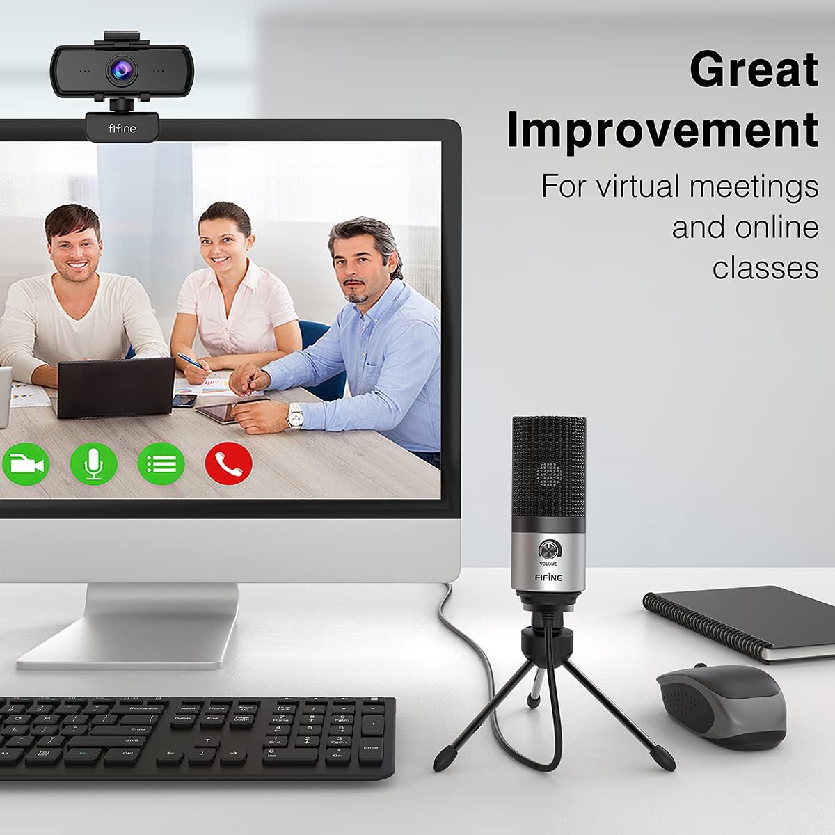 FIFINE USB Microphone for Zoom Video Meeting Online Class on PC Computer, Metal Condenser Desktop Mic with Gain Control for Windows and Mac, Silver - K669S