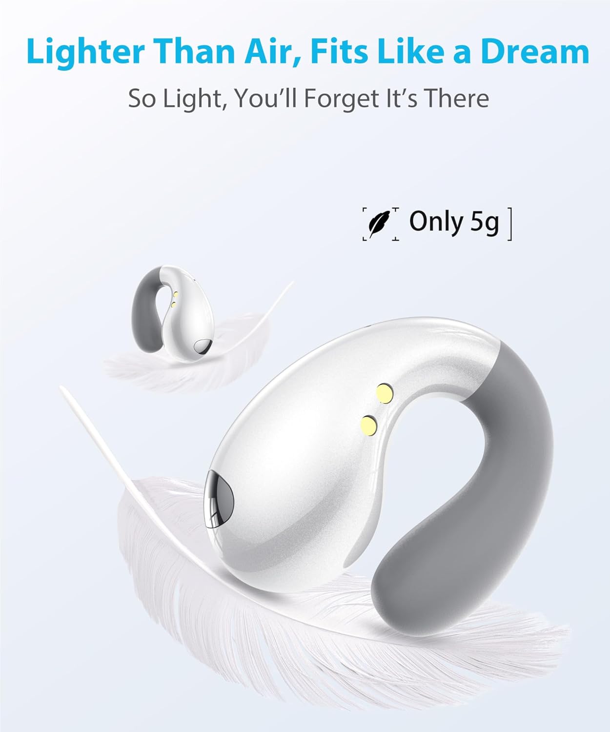 Ultra Open-Ear-Earbuds Wireless Bluetooth - Ergonomic Clip-On Earbuds, Bone Conduction Over-The-Ear Headphones with Waterproof Design and Secure Fit for Small Ears, Elegant White