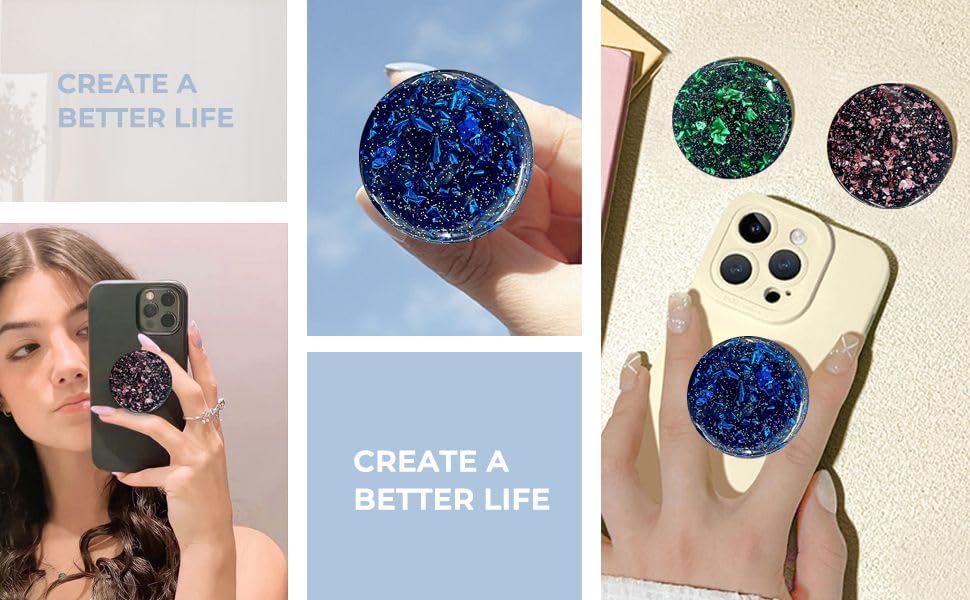 3 Pack Fashionable Clear Glitter Expandible Collapsible Moblile Phone Grip Stand Holder for Smartphones and Tablets Cell Phone Accessory-5 (Glitter Rose Gold Green Blue)