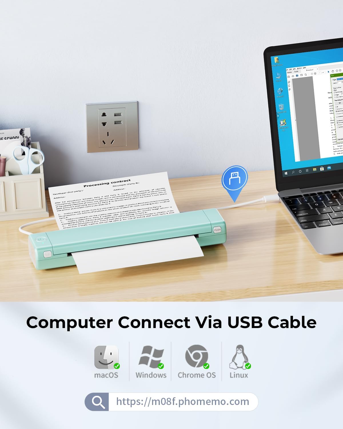 Phomemo M08F Portable Printers Wireless for Travel, Thermal Printer Support 8.5" X 11" US Letter Thermal Paper, Bluetooth Inkless Printer Compatible with iOS, Android, Laptop for Travel, Office, Home