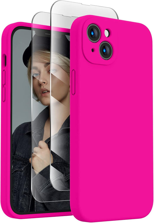 FireNova Designed for iPhone 13 Case, Silicone Upgraded [Camera Protection] Phone Case with [2 Screen Protectors], Soft Anti-Scratch Microfiber Lining Inside, 6.1 inch, Hot Pink