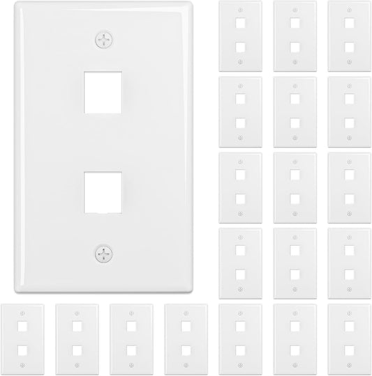 FGB 2-Port Keystone Wall Plate 20-Pack, Low-Profile Single Gang Wall Plates for RJ45, HDMI, and Coax Keystone Inserts, White
