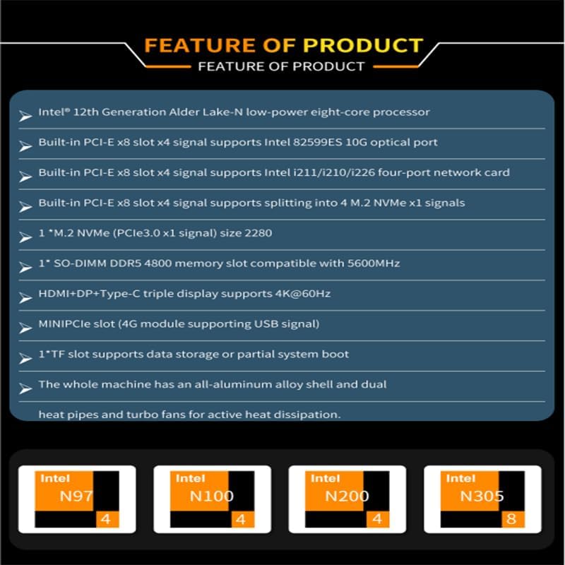 CWWK Intel Alder Lake N100(4C/4T Up to 3.4GHz)/N305(8C/8T Up to 3.8GHz) Dual SFP+10GbE Mini PC|4xIntel I226-V 2.5GbE |DDR5 Memory|PCI-E x4|HDMI+DP+Type-C (10 Gigabit N305, 8G RAM 256G SSD)