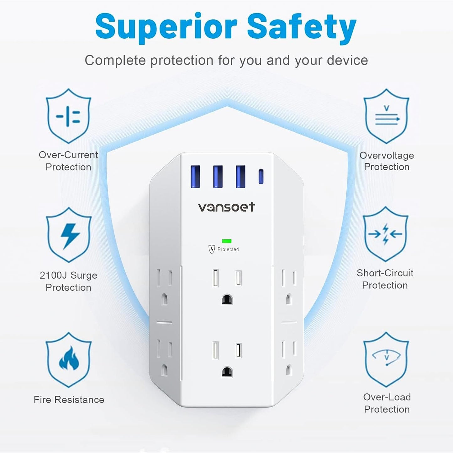 Outlet Extender, Vansoet 6 Outlet Splitter with 4 USB Ports(1 USB C PD 20W), 2100J Surge Protector Power Strip, 3 Side Multi Plug Outlet for Travel, Home, Office, Dorm