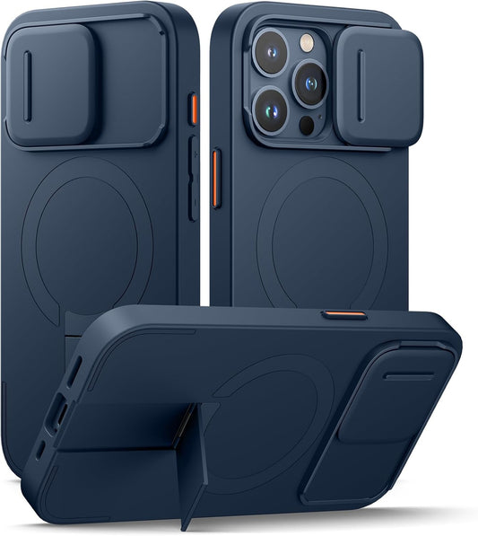 SURITCH for iPhone 15 Pro Case with Magnetic Camera Slide Cover and Adjustable Kickstand, Compatible with MagSafe, Shockproof Bumper Case Slim Protective Cover 6.1 Inch, Blue