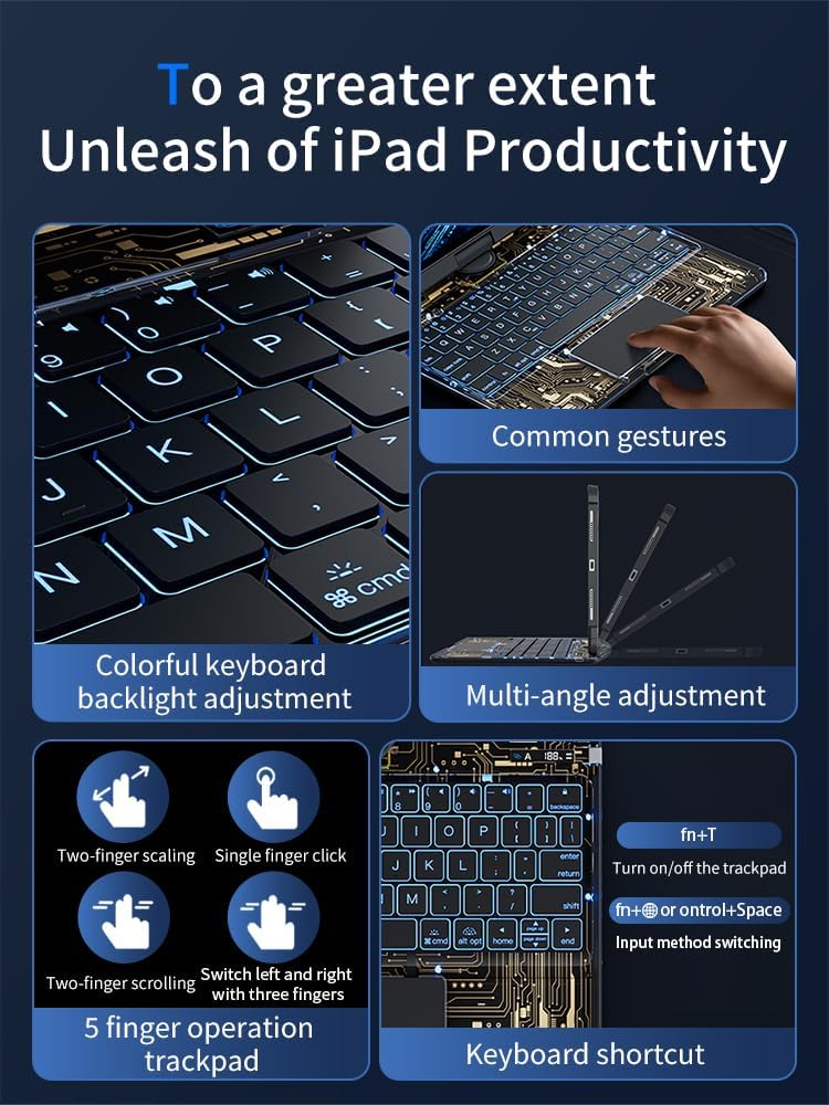 KARTICE Case with Wireless Keyboard Compatible with iPad 10th 2022 10.9 inch, Multi-Touch Trackpad, 7 Color Backlight, 360° Rotating Stand with Pencil Holder for 10th, Excludes iPad and Pencil