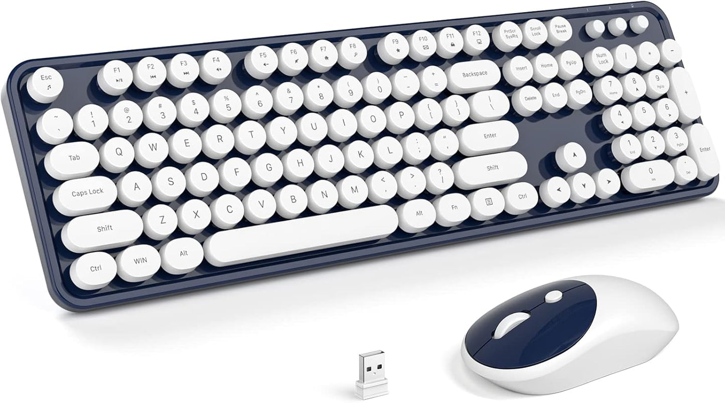 KNOWSQT Wireless Keyboard and Mouse Combo - White-DarkBlue Full-Sized 2.4 GHz 104 Keys Typewriter Keyboard, Flexible Round Keycap and Optical Mouse for Windows, Computer, PC, Laptop, Desktop
