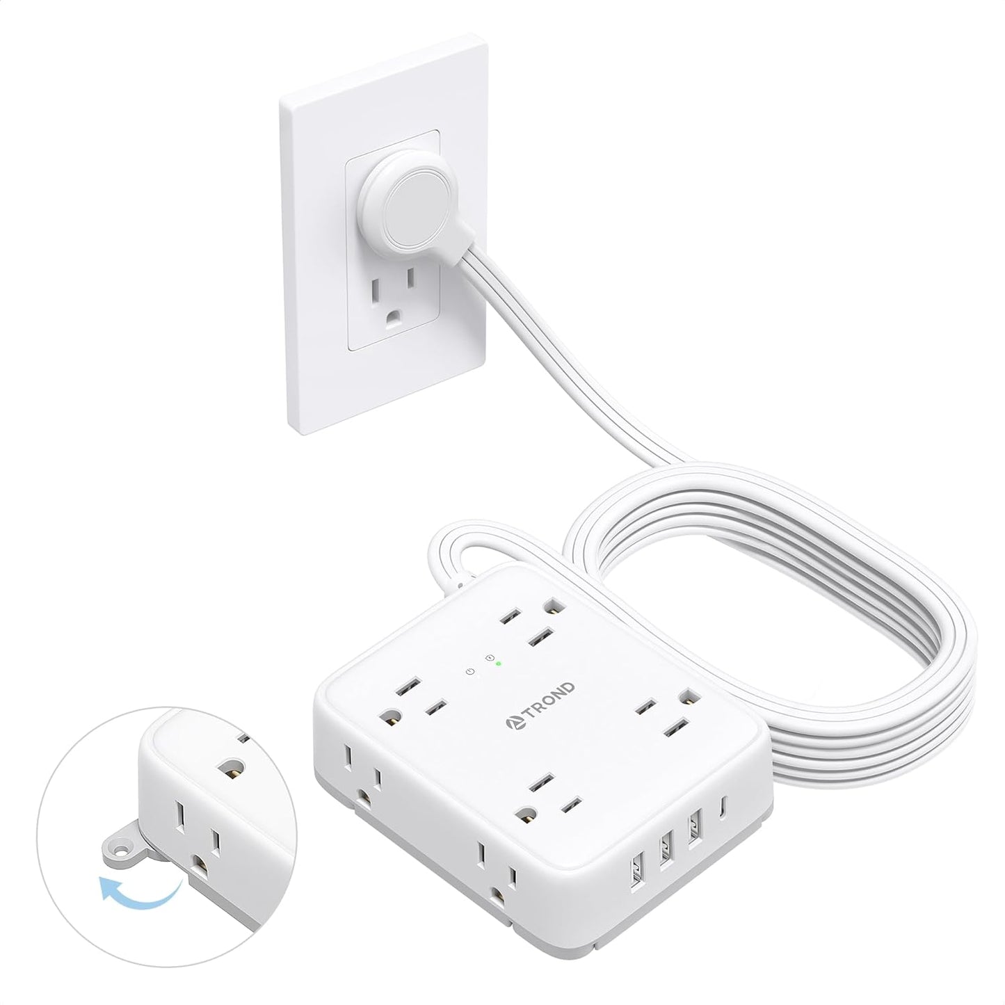 TROND Surge Protector Power Strip with USB, Ultra Thin Flat Plug 10ft Extension Cord 1625W, 3 USB-A & 1 USB-C, 8AC Outlets 1440J Surge Protection Wall Mount for Home Office Dorm Room Essentials, White