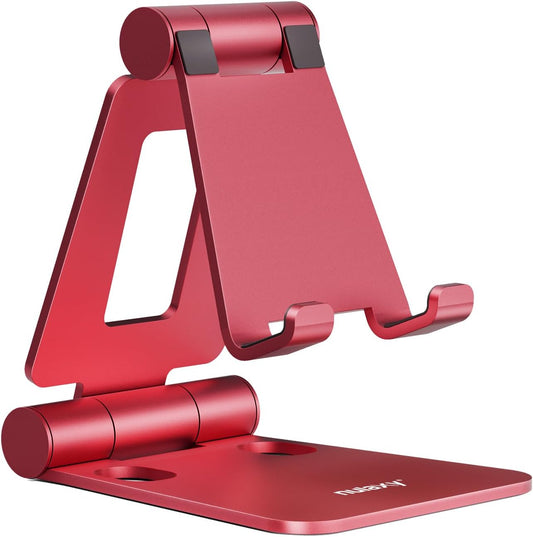 Nulaxy Dual Folding Cell Phone Stand, Fully Adjustable Foldable Desktop Phone Holder Cradle Dock Compatible with Phone 16 15 14 13 12 11 Pro Xs Xs Max Xr X 8, Nintendo Switch, All Phones - Red