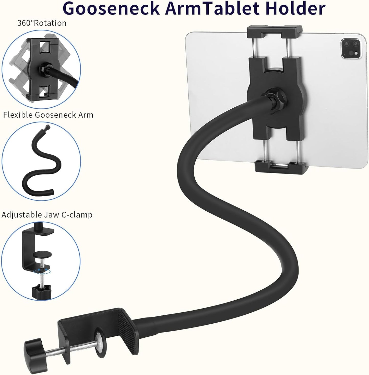 Tablet Stand Holder,Gooseneck Desktop iPad Mount for Table/Bed/Lectern/Kitchen,19.7" Flexible Adjustable Arm,Compatible with 4.7~12.9" iPad/iPhone/Nexus/LG G Pads/e-Reader/Kindle/Switch/Galaxy Tabs
