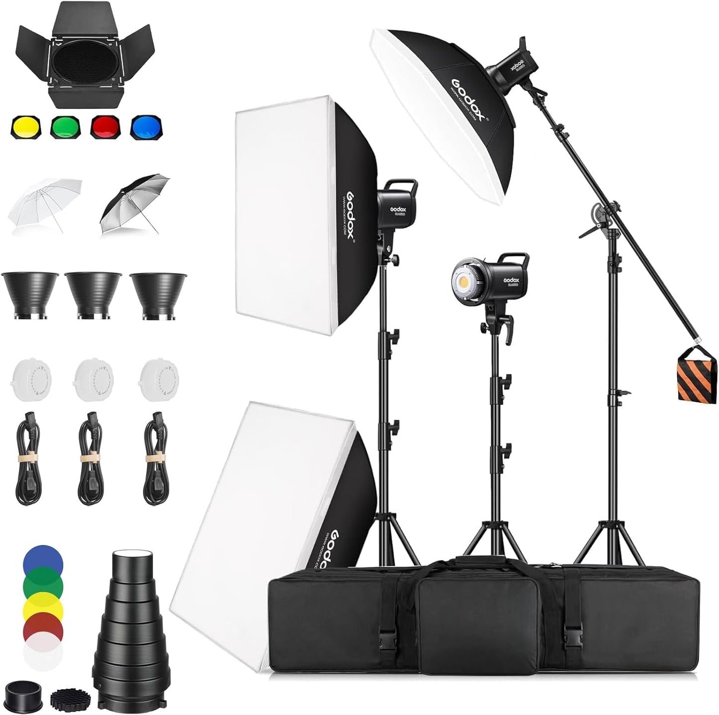 Godox SL60IID Softbox Lighting Kit Professional Studio Equipment with Softbox, SL60II-D 75W LED Video Light 3-Light Kit with APP control, Reflector, light stand, Boom Arm for Portrait Product Shooting