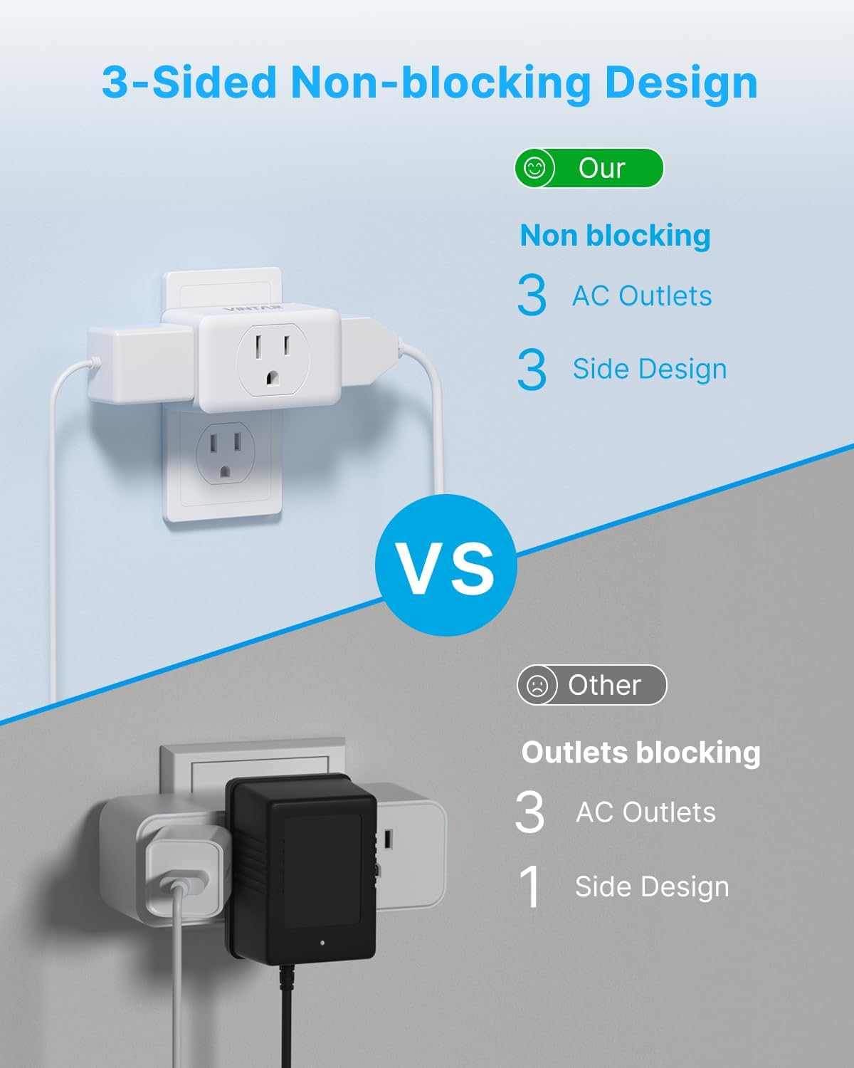 Multi Plug Wall Outlet Extender 2 Pack, VINTAR Electrical Multiple Outlet Splitter, 3 Way Plug Adapter, Small Wall Expander for Home Office Dorm Cruise Ship Travel Essentials