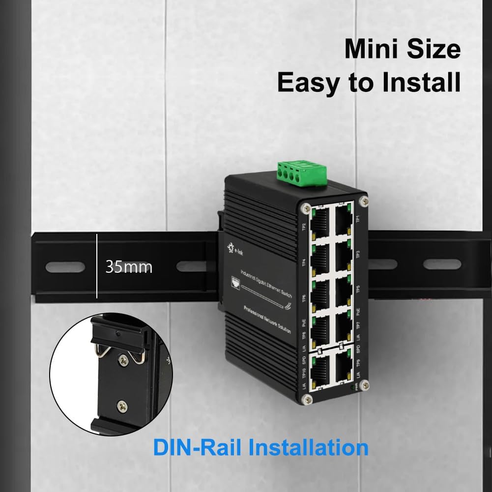 Mini Industrial 8-Port 10/100/1000T 802.3at PoE + 2-Port 10/100/1000T Din Rail Mount Compact Ethernet Switch, 48~57V DC Unmanaged Network Switch 20Gbps Switching Capacity