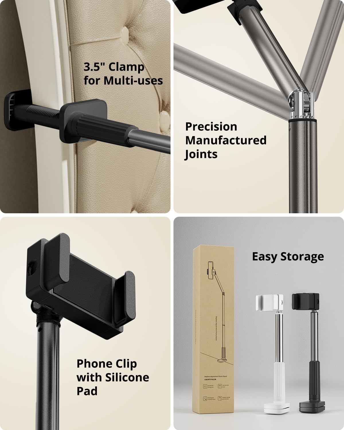 Phone Holder for Bed, 360° Rotation Cell Phone Stand, Flexible Long Arm Headboard Bedside Clip, Multi-Functional Overhead Phone Mount for 3.5-11" Phones, Tablets, Kindle, Black