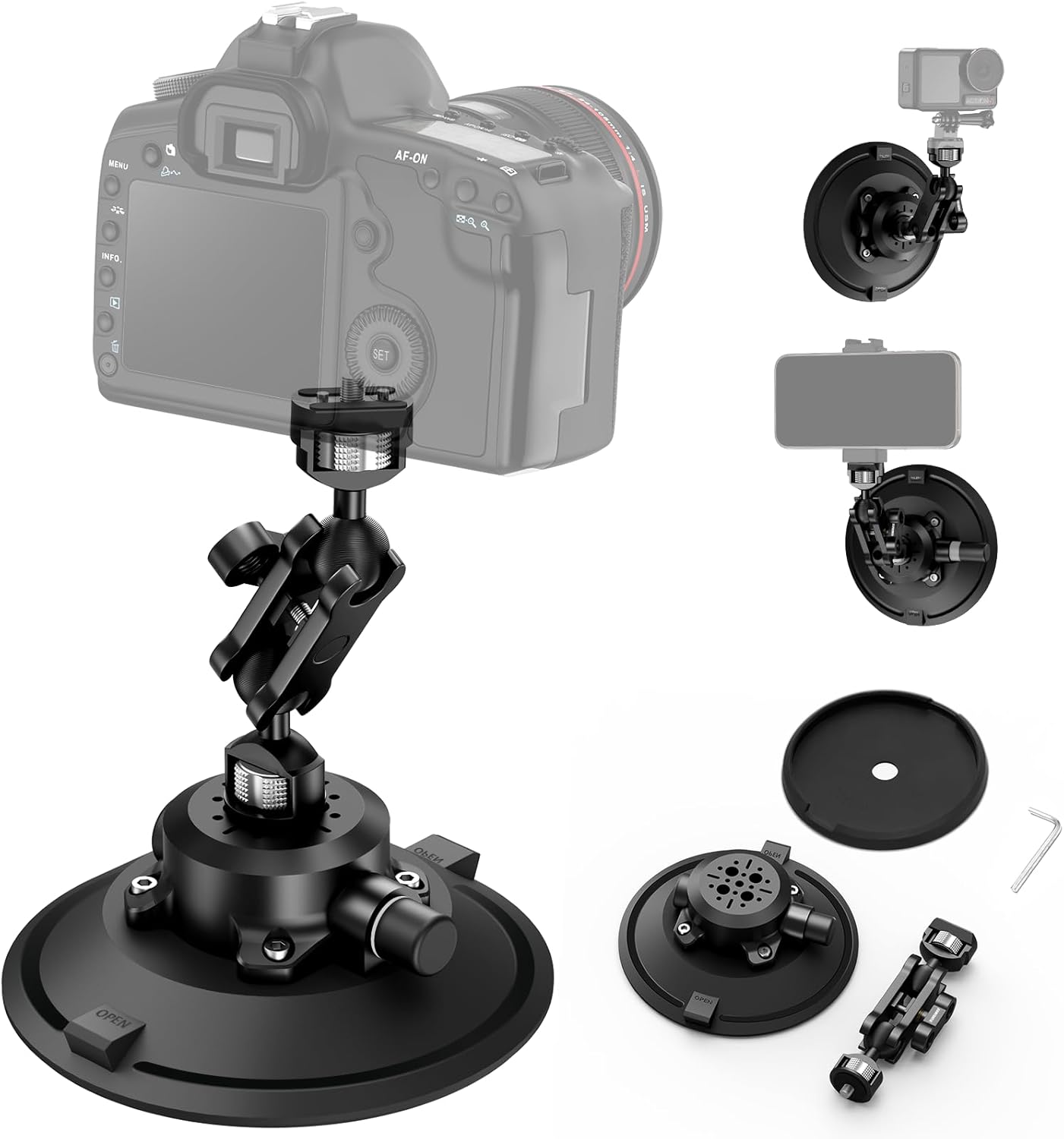 6" Camera Suction Cup Mount with Ball Head Magic Arm,Quick Release Metal Vacuum Suction Cup Mount Car Windshield Dash Mount for Action Camera/Phone Holders with 1/4",1/8" Holes(Black)