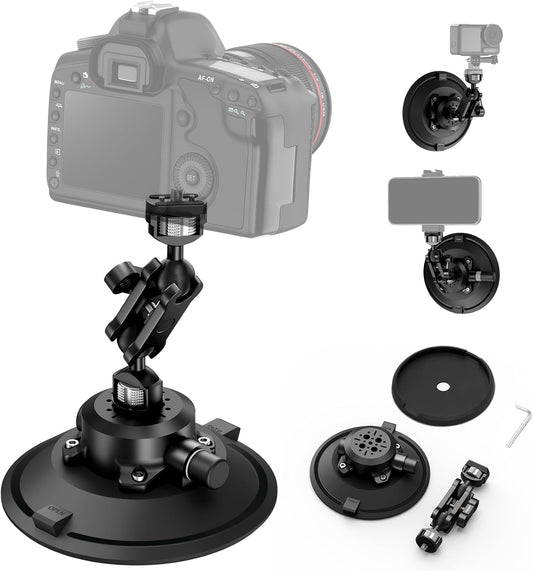 6" Camera Suction Cup Mount with Ball Head Magic Arm,Quick Release Metal Vacuum Suction Cup Mount Car Windshield Dash Mount for Action Camera/Phone Holders with 1/4",1/8" Holes(Black)