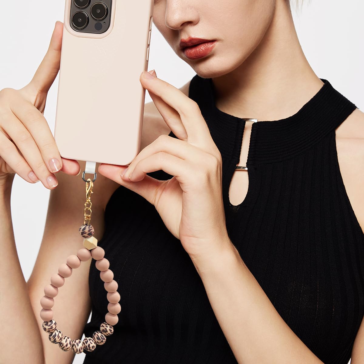 Marble Silicone Beaded Phone Wrist Strap, Cellphone Lanyard with Tether Tab, Elastic Hands-Free Wristlet Bracelet