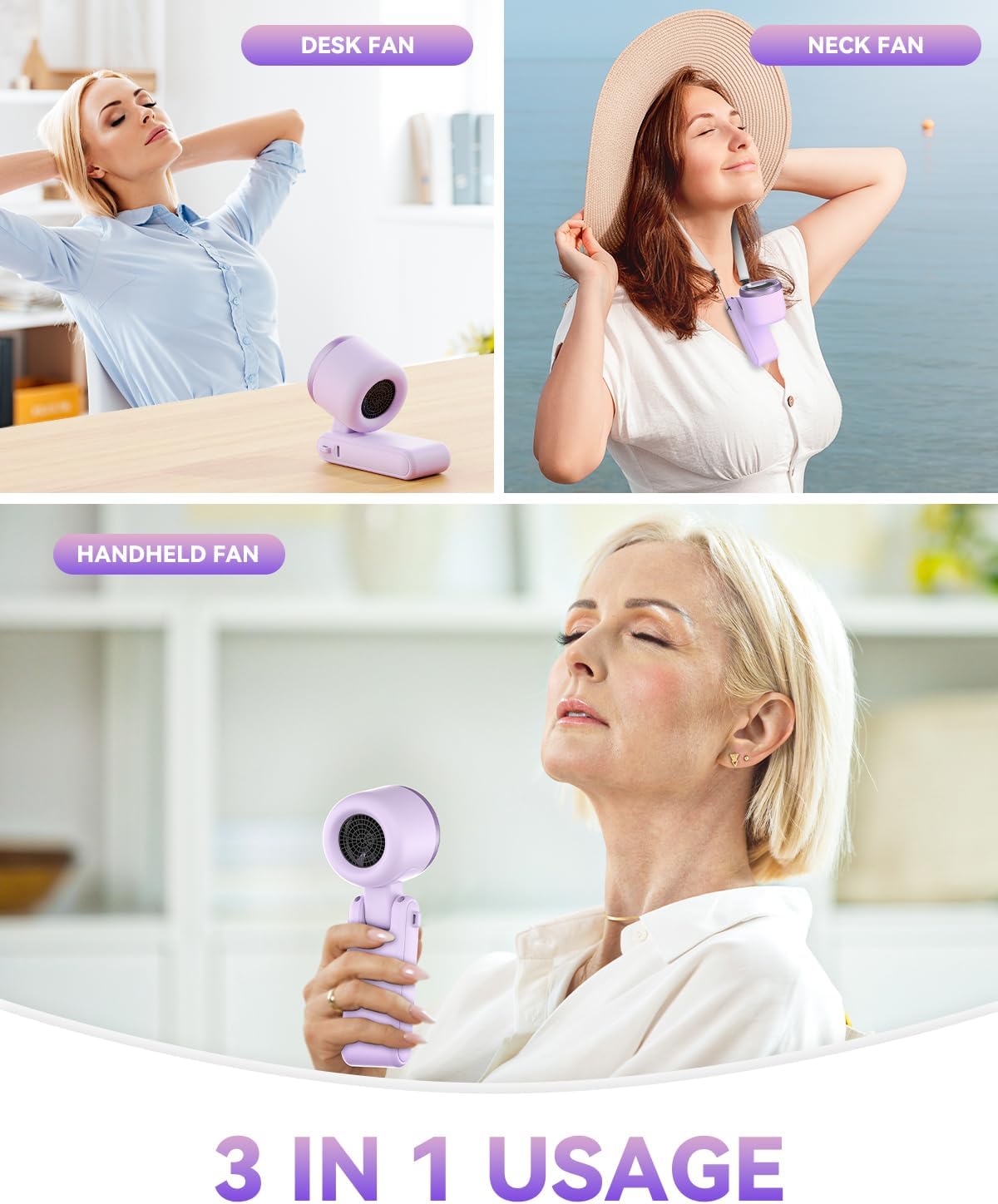 Portable Handheld Turbo Fan, 5-Speed Personal Fans, 5000mAh Rechargeable Fans Up to 12 Hours, Weight only 0.6lb Small Fan, Hand/Neck/Desk Fan 3 IN 1, Beach Vacation Essentials(Purple)