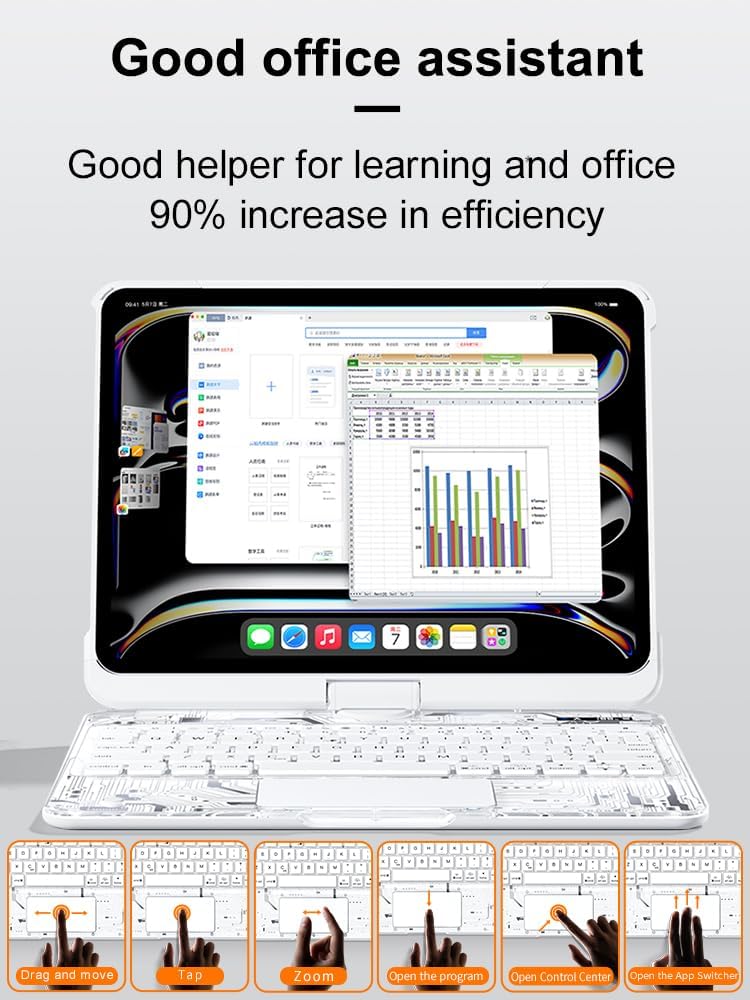 KARTICE Transparent 360 Keyboard Case with Wireless Keyboard for iPad Pro 13 2024 13 inch, Multi-Touch Trackpad, 7 Color Backlight, 360° Rotating Stand with Pencil Holder for iPad Pro 13