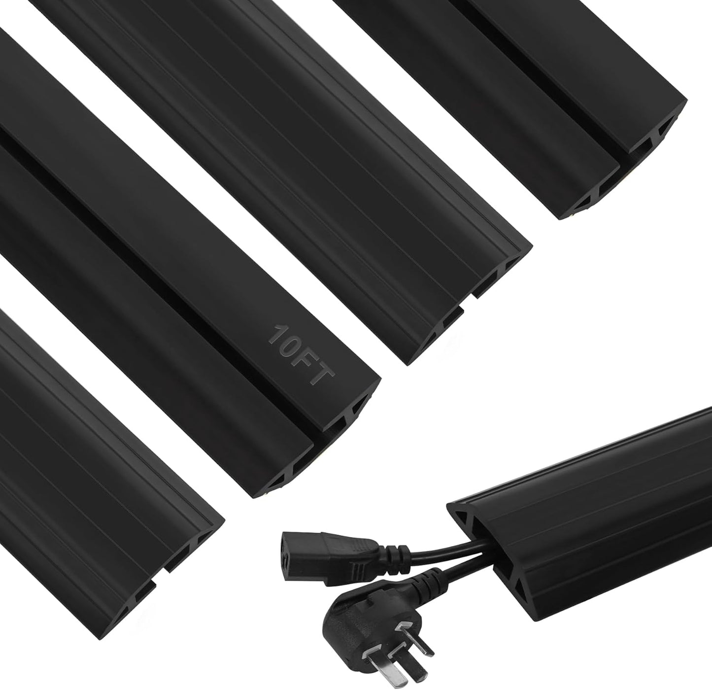 Floor Cable Cover 10Ft 2Pcs Heavy Duty PVC Cable Protector Electric Cord Hider Management Strip Extension Cord Covers Raceway for Wires Inner Channel 1.36" W x 0.43" H - Black
