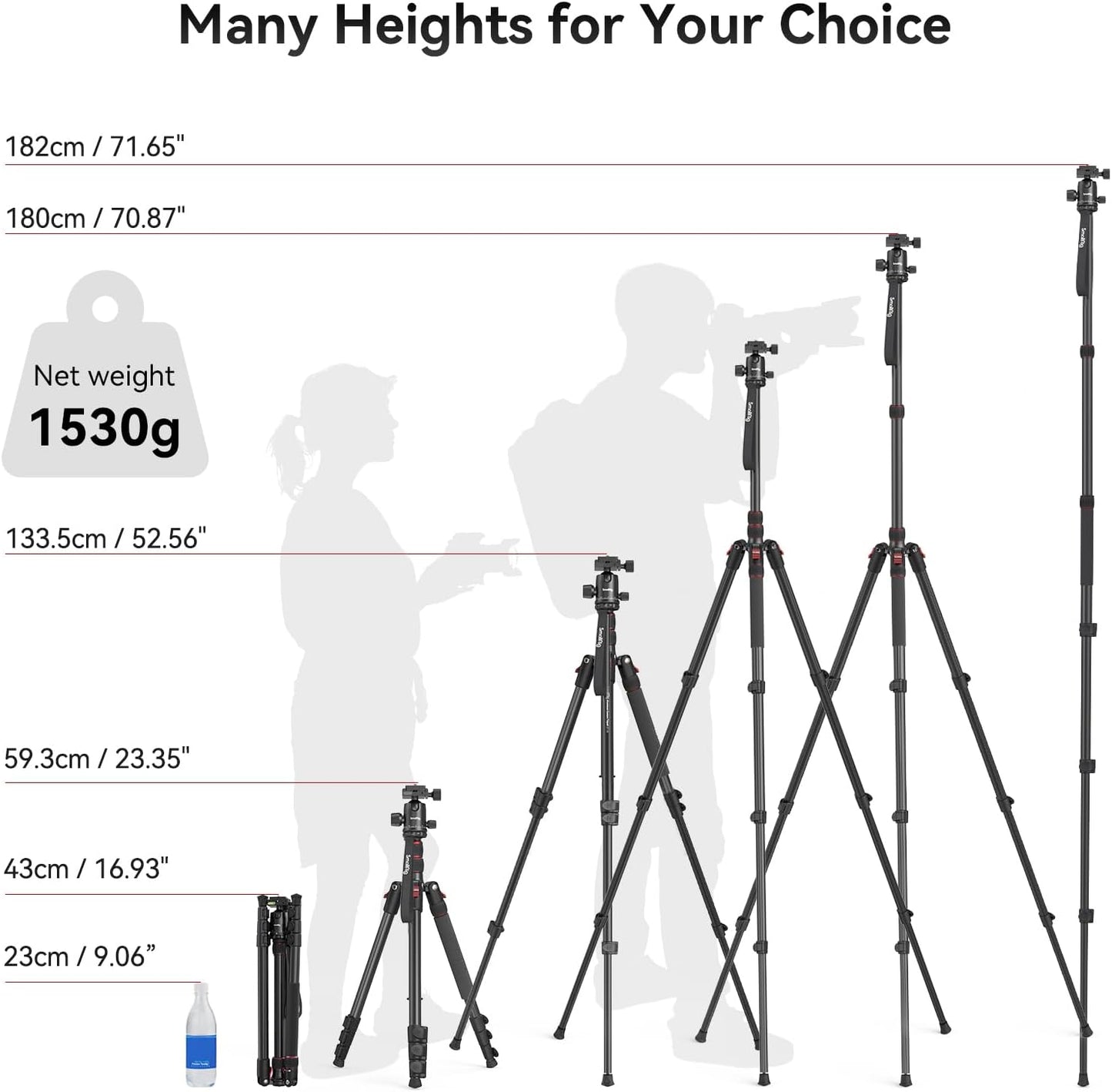 SmallRig Camera Tripod, 71" Foldable Aluminum Tripod/Monopod, 360°Ball Head Detachable, Payload 33lb, Adjustable Height from 16" to 71" for Camera, Phone