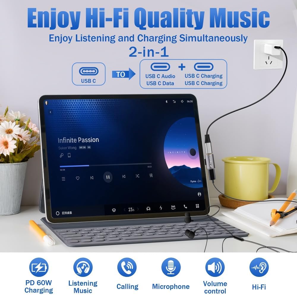 Dual USB C Headphone and Charger Adapter Splitter, 2-in-1 Type C to USB-C Audio Adapter with PD 60W Fast Charge, Type-C Splitter Dongle Converter for iPhone 16 Series, Galaxy S24/23, iPad Pro, Pixel 8