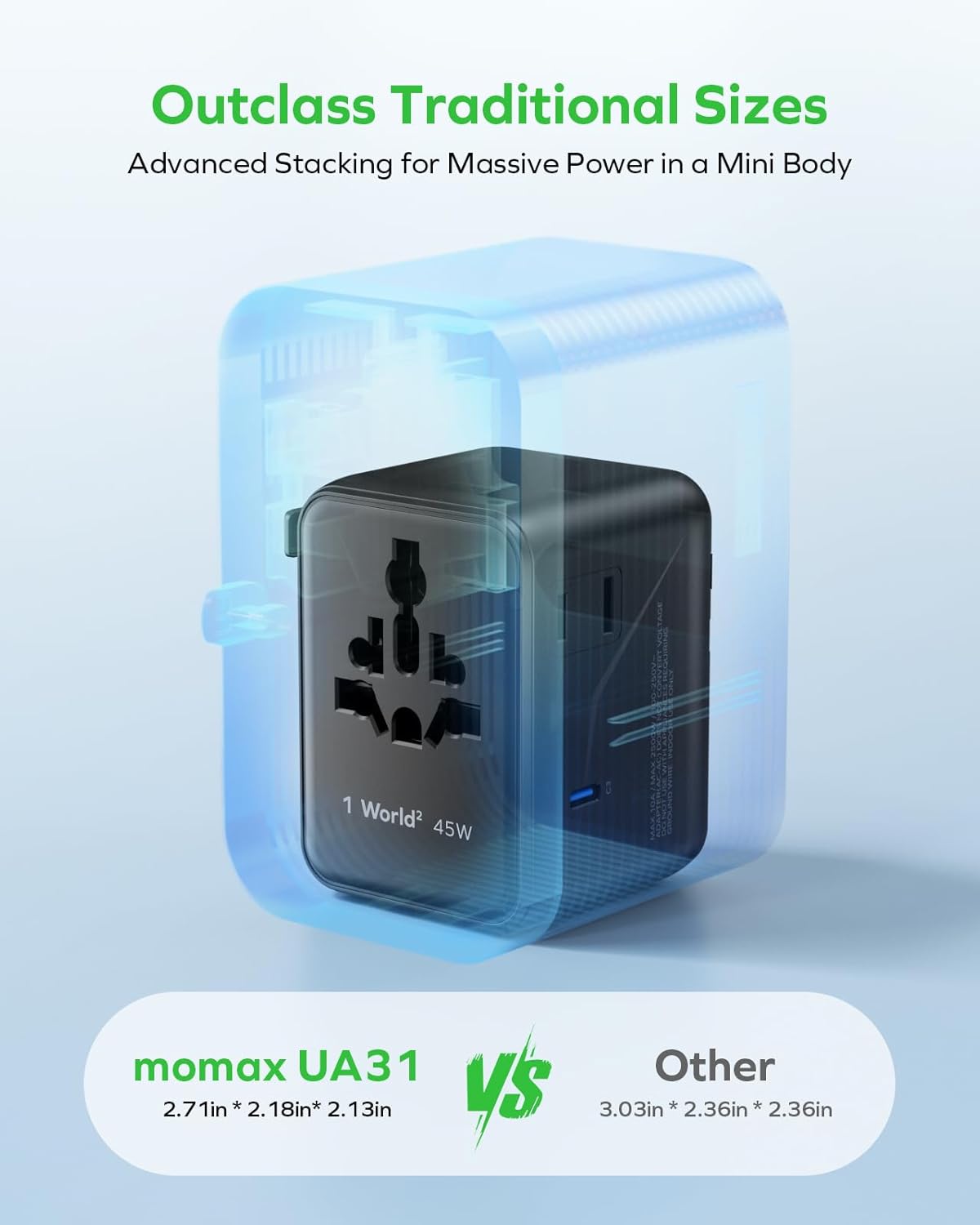 MOMAX Universal Travel Adapter, GaN PD 45W Fast International Power Adapter