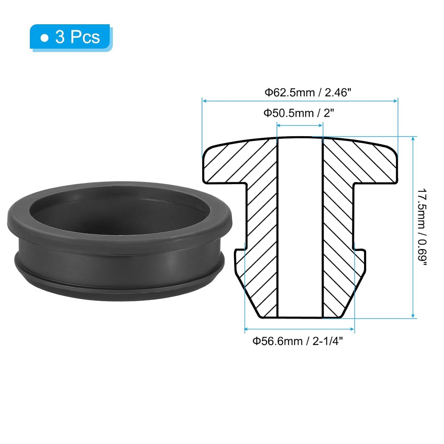 PATIKIL 56.6mm / 2-1/4 Inch Drill Hole,2 Inch ID Rubber Grommets, 3Pcs Top Hat Grommet for Wiring Eyelet Ring Gasket Automotive Firewall Cable Hole Plugs Wires Protection, Black