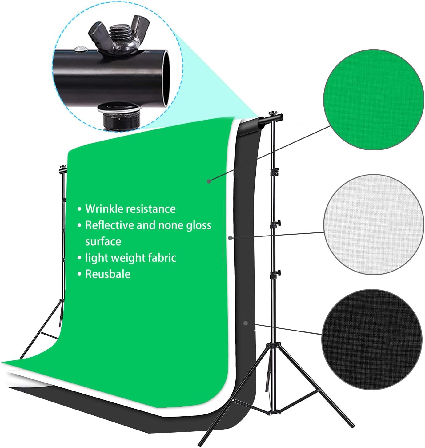 Photo Video Studio 10 x 8.5ft Stand with Muslin Backdrop (Green/White/Black) & 85W 5500K Led Bulb & Umbrella Lighting Kit Photography Background Support System Kit,Clamp, Carry Bag