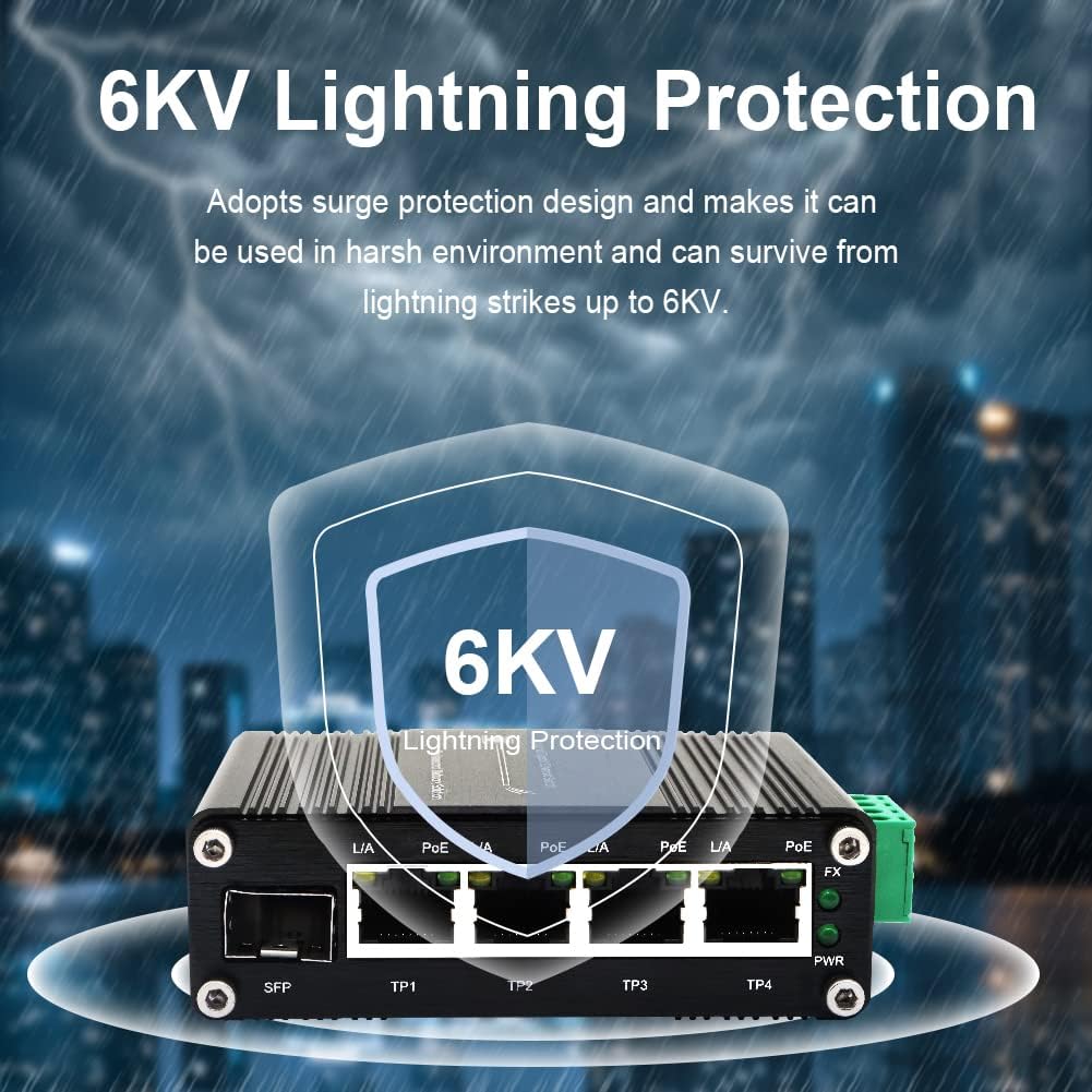 Mini Industrial 4 Port 10/100/1000Mbps Gigabit Ethernet POE + Switch with SFP Port Din Rail/Wall-Mount 4 Port 10/100/1000BASE-T RJ45 + 1 Port 100/1000FX (SFP) Support 12-48V DC