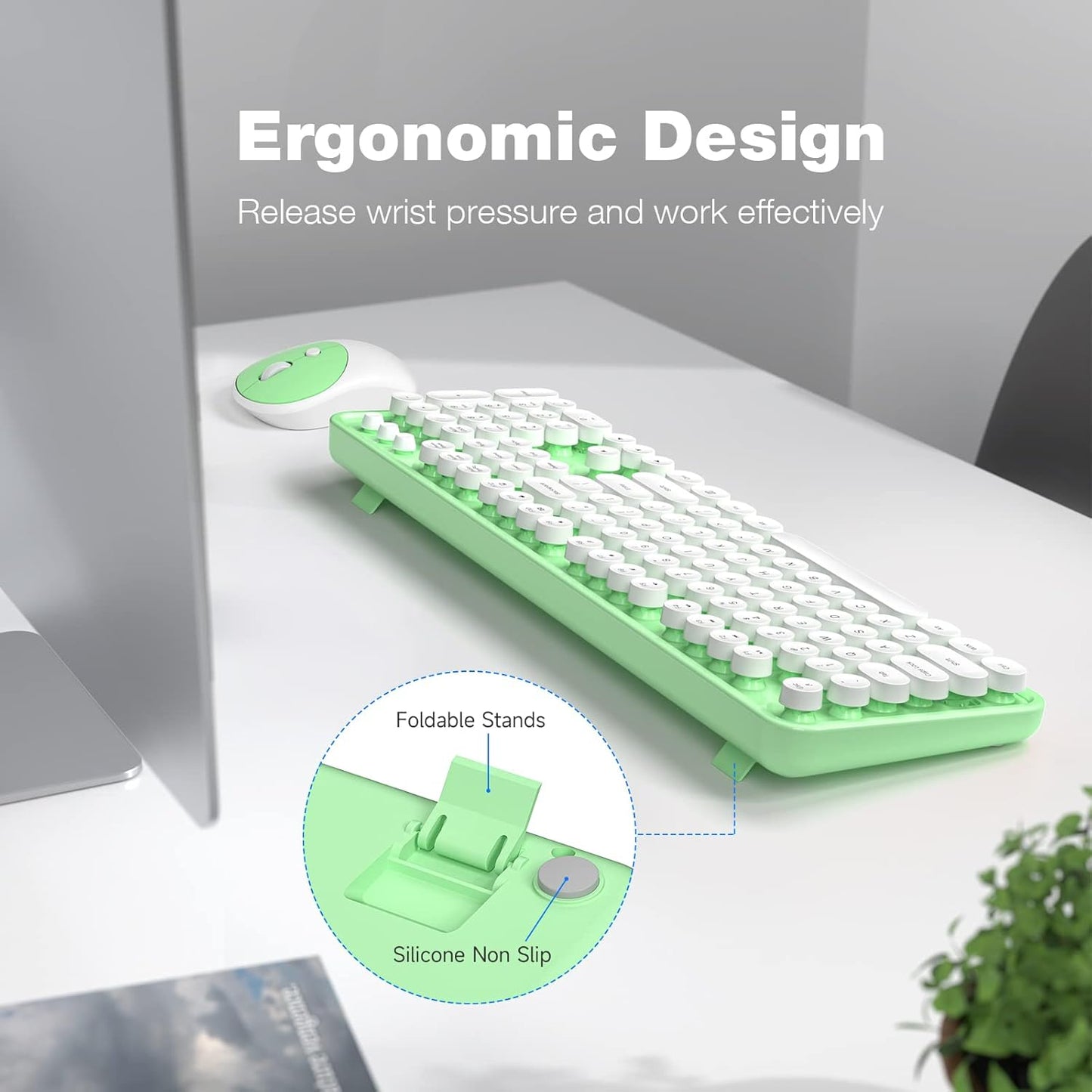 KNOWSQT Wireless Keyboard and Mouse Combo - White-Green Full-Sized 2.4 GHz 104 Keys Typewriter Cute Keyboard, Round Keycap and Optical Mouse for Windows, Computer, PC, Laptop, Desktop