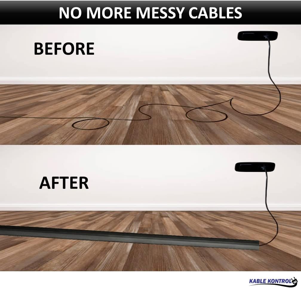 Kable Kontrol Floor Cord Cover kit - 6 Feet Long Black Plastic Cable Protector, Hides Cords and Conceals Wires, for Extension Cord Cable Management, Channel Size 0.75” W x 0.43” H