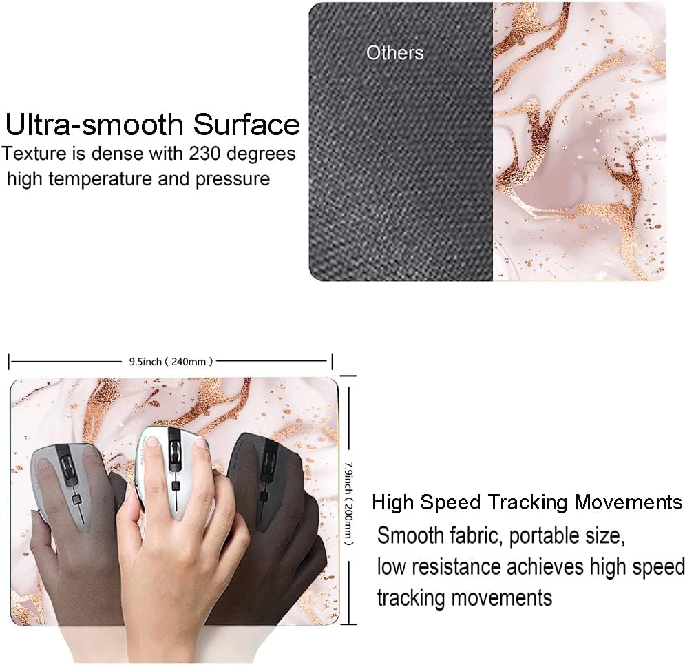 Mouse Pad Marble, Pink Rose Gold Marble Mouse Pad for Women, Washable Square Cloth Mousepad for Office Laptop, Non-Slip Rubber Computer Mouse Pads for Wireless Mouse, Cute Mouse Pads for Desk