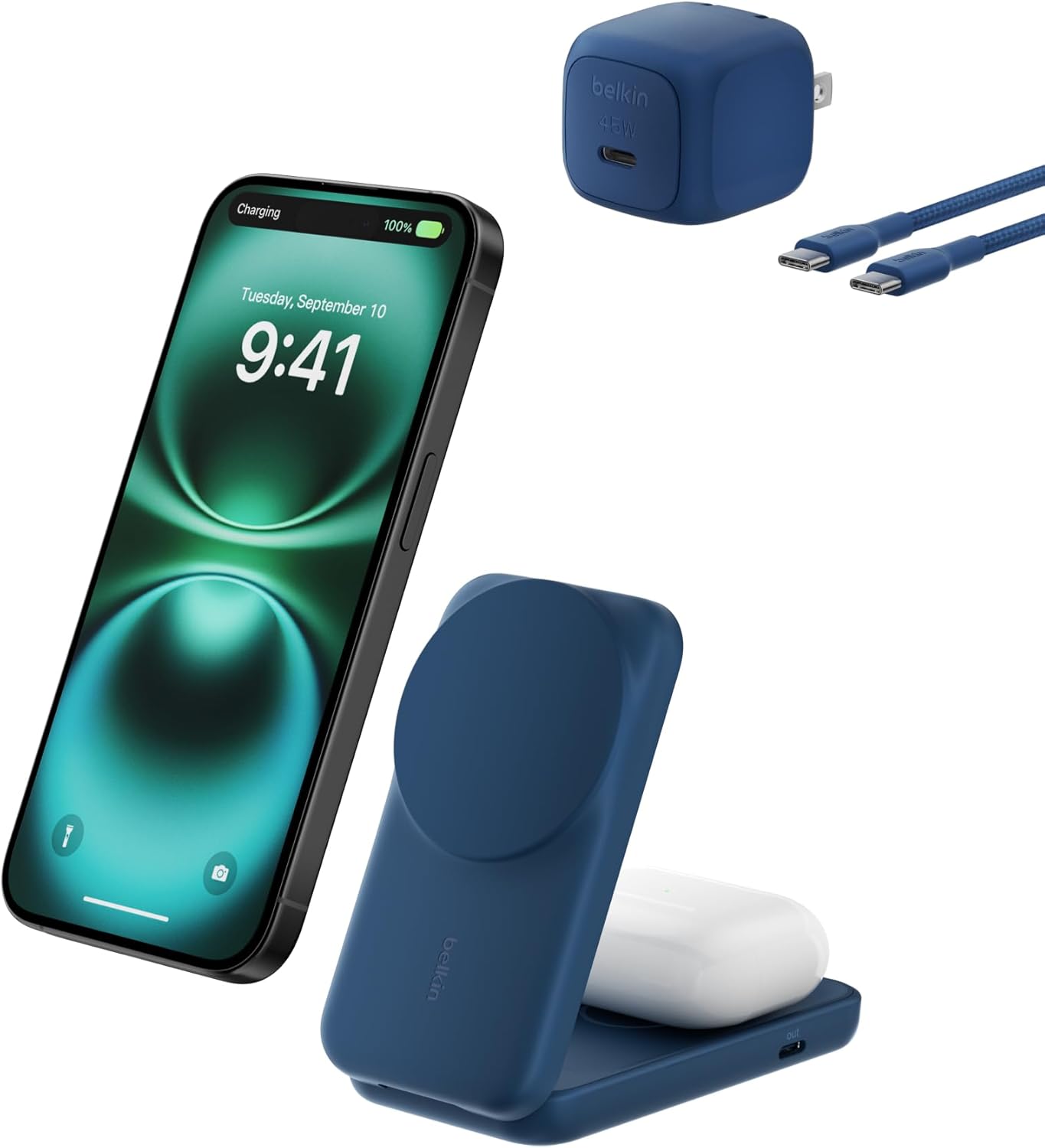 Belkin MagSafe Charger Compatible, 2-in-1 Charging Station, Qi2.2 25W Magnetic Wireless Charger Dock, Foldable Stand, with 5W USB-C Port, for iPhone 16/15/14, AirPods (45W Adapter Included)