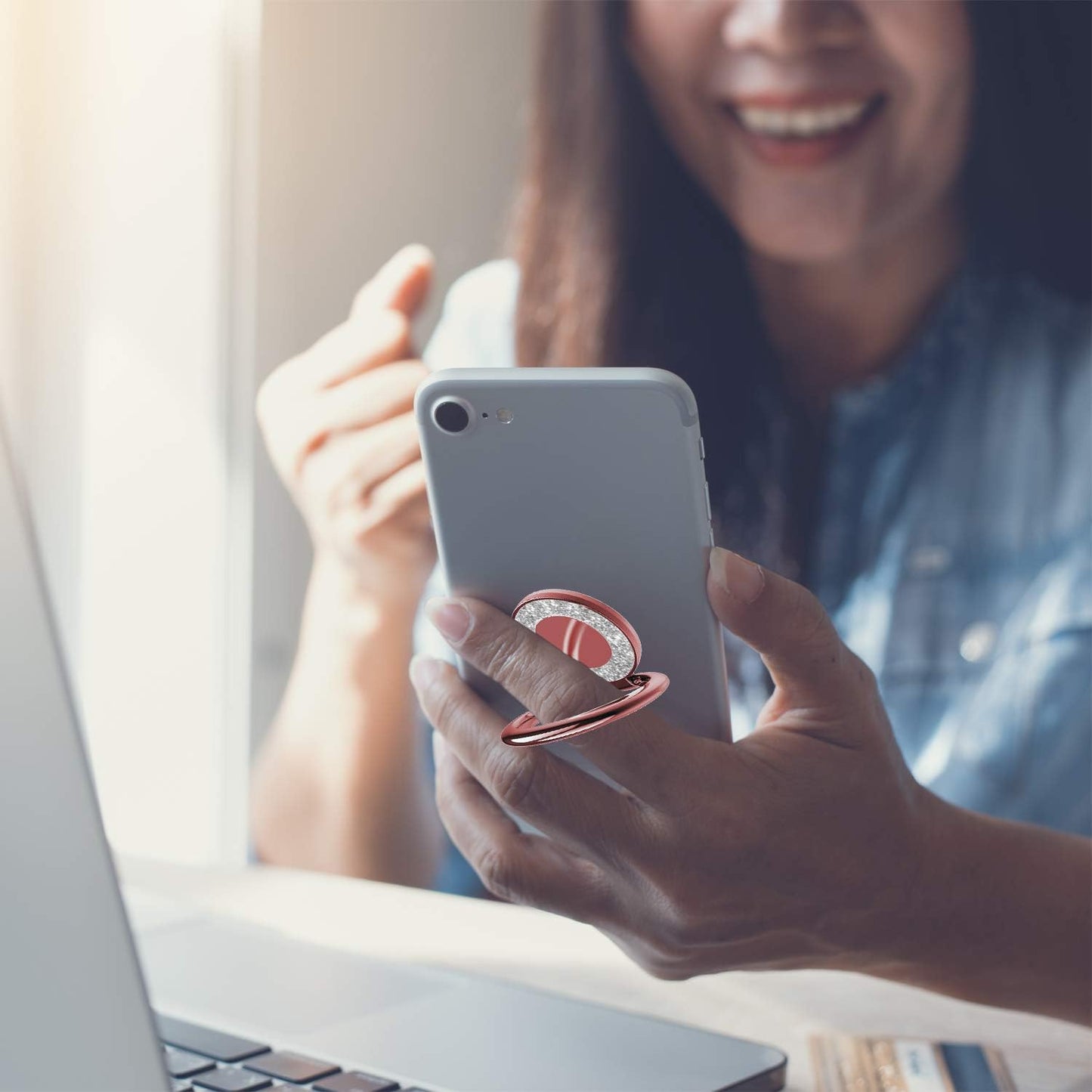 Cell Phone Ring Holder Stand, Cell Phone Grip Holder, Adhesive Phone Grip for Phones and Cases. (Glitter Rose Gold)