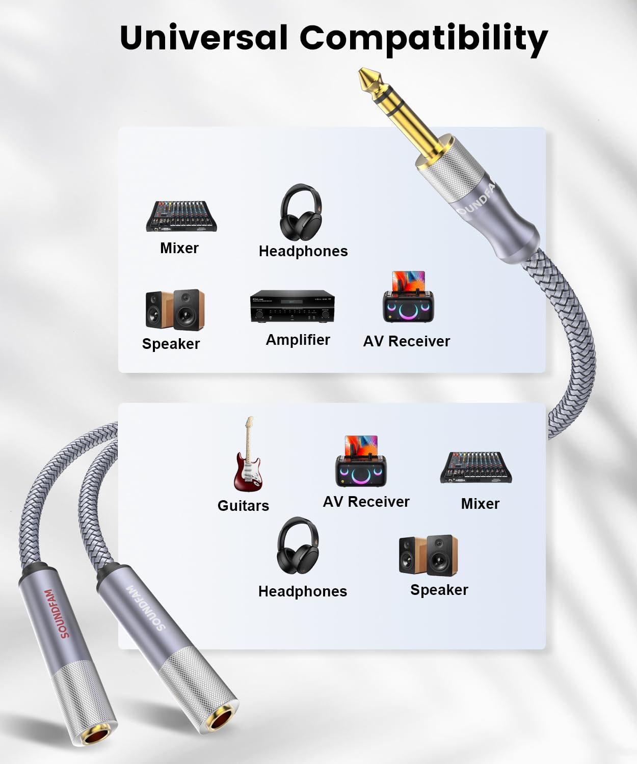 Microphone Splitter 2 Feet/60CM TRS 1/4 inch Splitter 1 Male to 2 Female, 6.35mm Stereo Male Plug to Dual 6.35mm Female-Grey(2PACK)