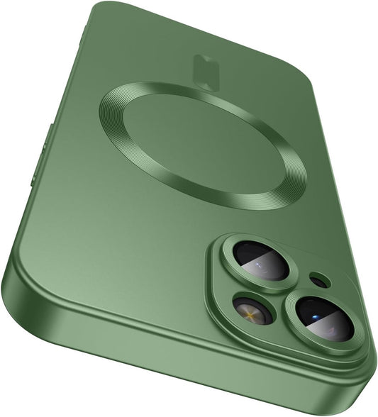 Magnetic for iPhone 13 Case [Compatible with MagSafe][Built-in Camera Lens Protector] Slim Soft Silicone Bumper Shockproof Metallic Luster Phone Case (Green)