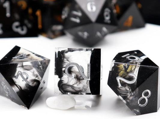 Haxtec Sharp Edge DND Dice Set Black Swirls Resin Dice with Dice Case D&D Dice for RPG Role Playing Games Compatible with Dungeons and Dragons Gifts
