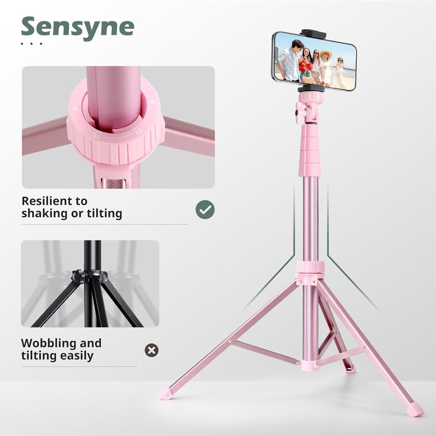 SENSYNE 88" Phone Tripod & Selfie Stick, Extendable Cell Phone Tripod Stand with Wireless Remote and Phone Holder, Pink