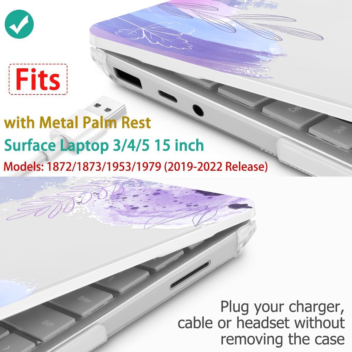 Tuiklol Case for 15 Inch Microsoft Surface Laptop 5/4/3 2022-2020, Model 1979/1953/1872/1873 Hard Shell Cover, Keyboard Cover+Screen Protector+Dust Plugs,Inset Flora