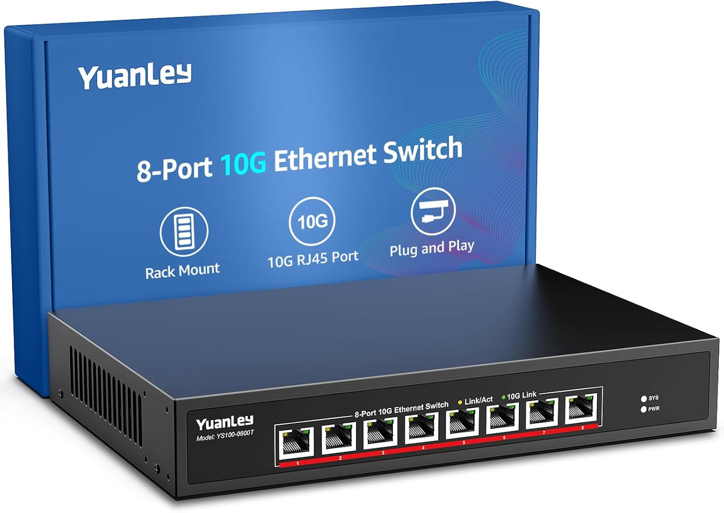 YuanLey 8-Port 10G Ethernet Switch, 8 x 10Gbps RJ45 Ports, Support 10G/5G/2.5G/1G/100Mbps Speed Auto-Negotiation, 160Gbps Switching Capacity, Unmanaged Switch Rackmountable, Plug and Play