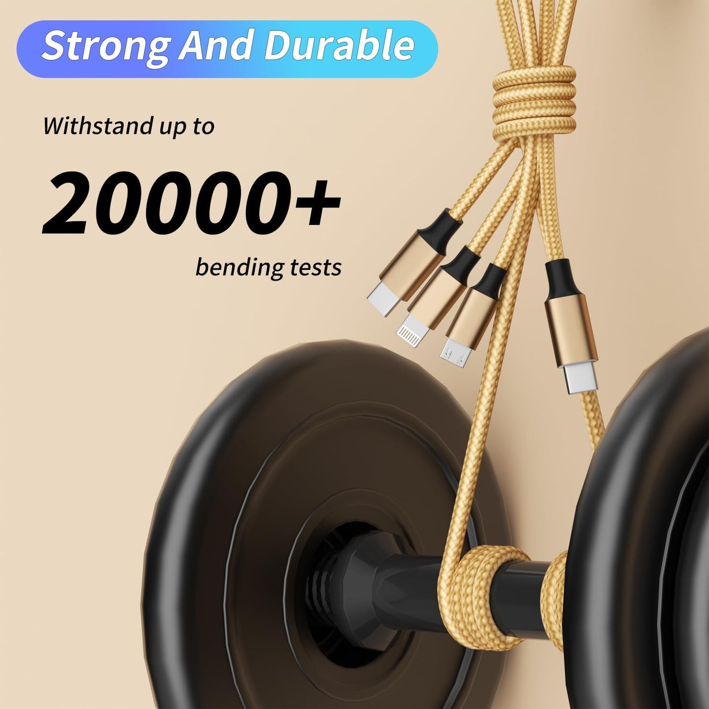 USB C Multi Charging Cable [2Pack 4FT], 3 in 1 Charging Cable Nylon Braided USB-C Multiple Charger Cord with Type-C, Micro USB and IP Port for Cell Phones and More (Golden)