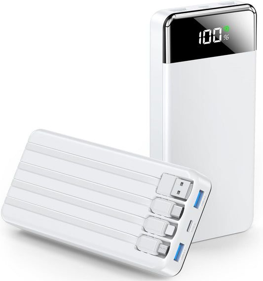SABANI Portable Charger 35000mAh Power Bank - Portable Battery with 4 Built in Cables, 22.5W Fast Charging Battery Pack Compatible with iPhone 16 15 14 13 Samsung Android Phone etc (1 Pack, White)